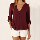 Fashion Women V-neck Tops Casual Long Sleeve Solid Color Loose Button T-shirt