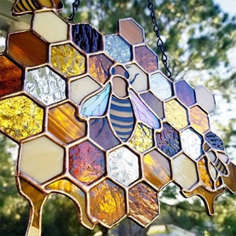 Stained Glass Bee Honeycomb Hanging Suncatcher Ornaments Window Garden Decor