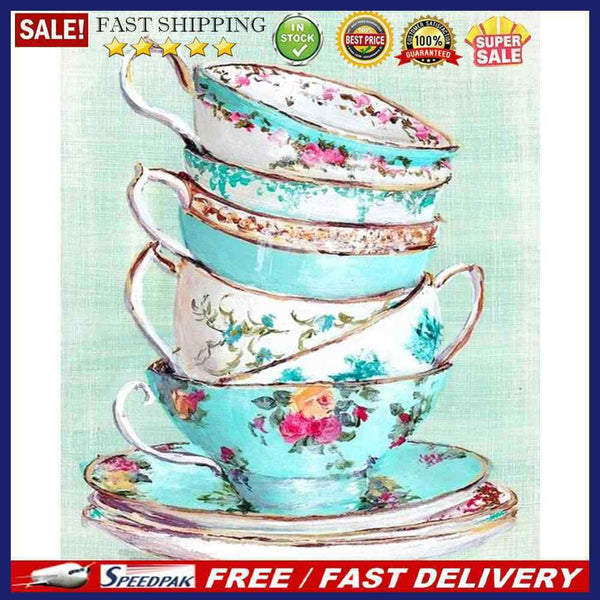Hand Painted Oil Paint by Numbers DIY Tea Cup Drawing Wall Art Decoration G