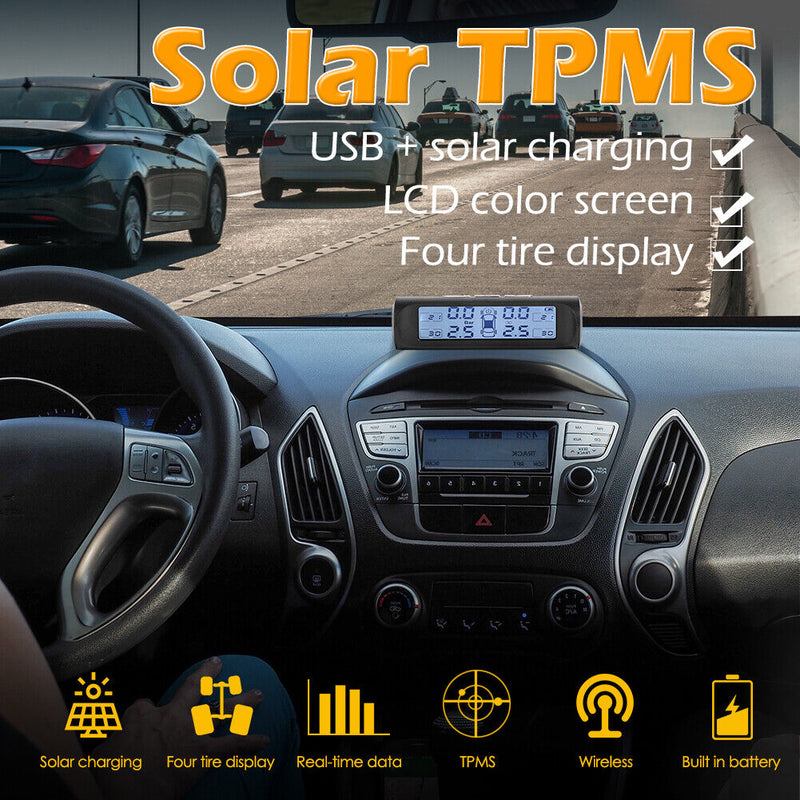 Solar Car TPMS Black White Screen Tire Pressure Monitoring System with 4 Sensors