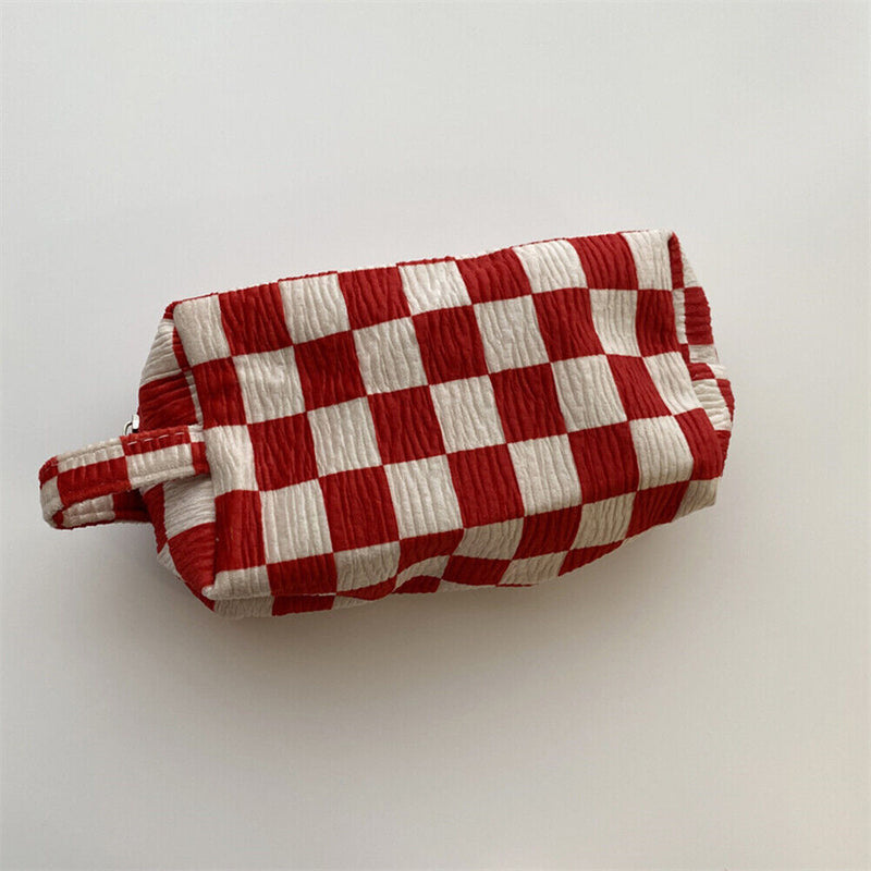 Print Toiletries Bag Women Makeup Pouch Mini Handbag (Large Red White Grid)