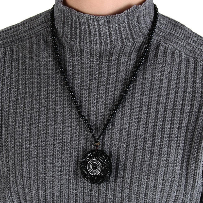 Women Black Reiki Dragon Phoenix Carved Obsidian Necklace Lucky Pendant BaGua