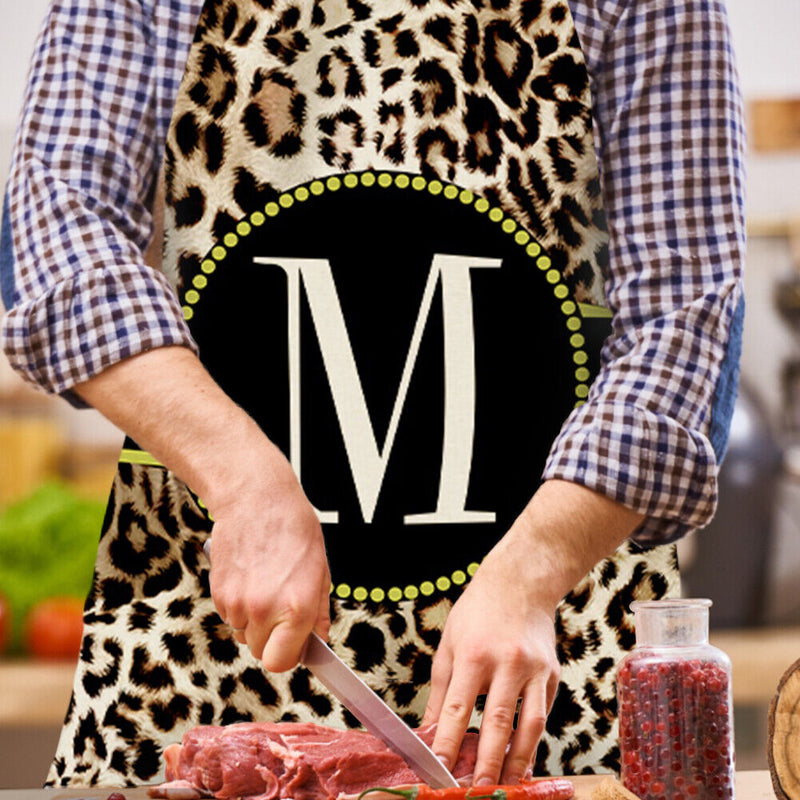 Leopard M Printed Linen Apron Waterproof Kitchen Bibs Pinafore (82X68CM)