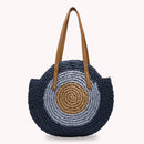 Women Color Patchwork Woven Round Straw Rattan Bag Shoulder Crossbody Handbag