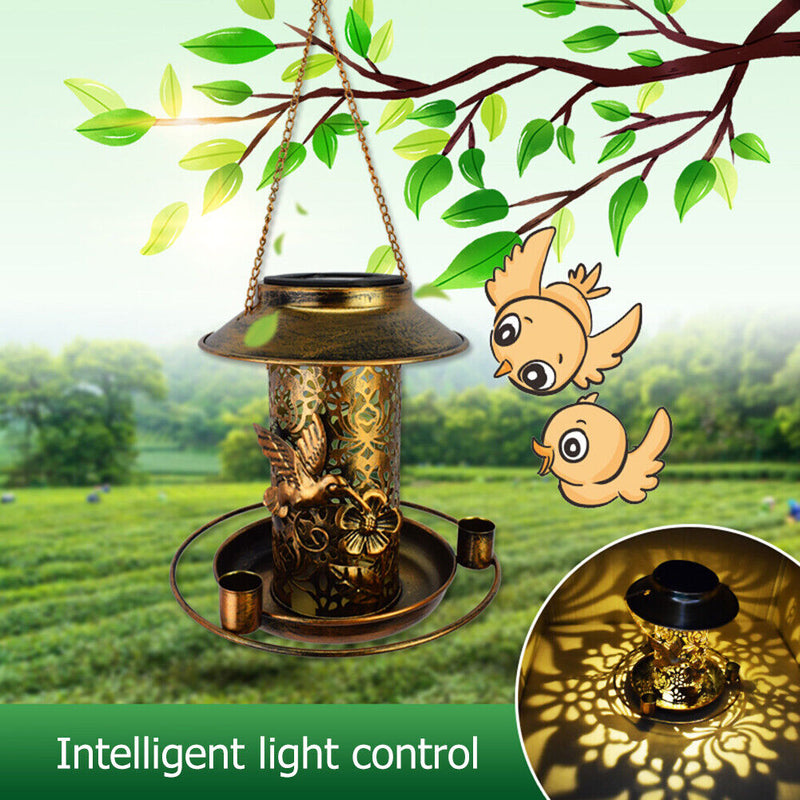 Solar Bird Feeder LED Light Metal Hanging Garden Yard Backyard Decor Lanterns
