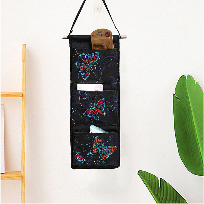 Butterfly Diamond Painting Wall Hanging Storage Bag 3 Pockets Black (AA991)