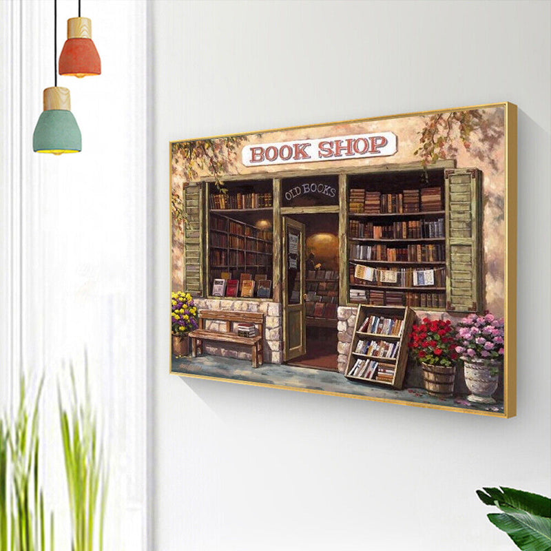 Oil Paint By Numbers Bookshop Frameless Picture Craft Kit for Home Living Room
