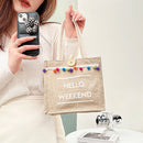 Fashion Linen Tote Handbag Women Pompom Shoulder Shopping Lunch Bag (White)