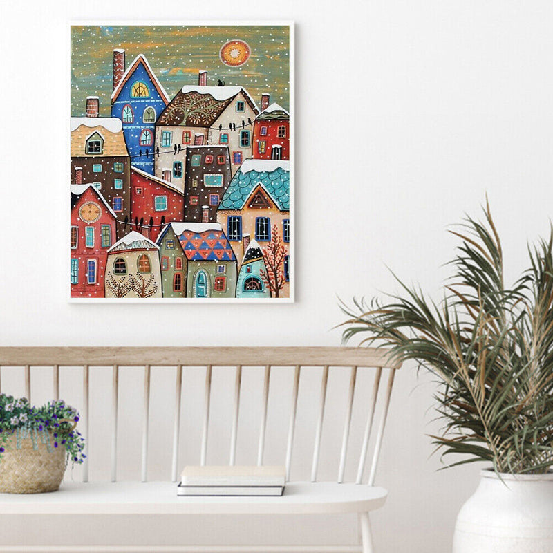Frameless Snow Village Oil Paint By Numbers DIY Handmade Drawing On Canvas Kit