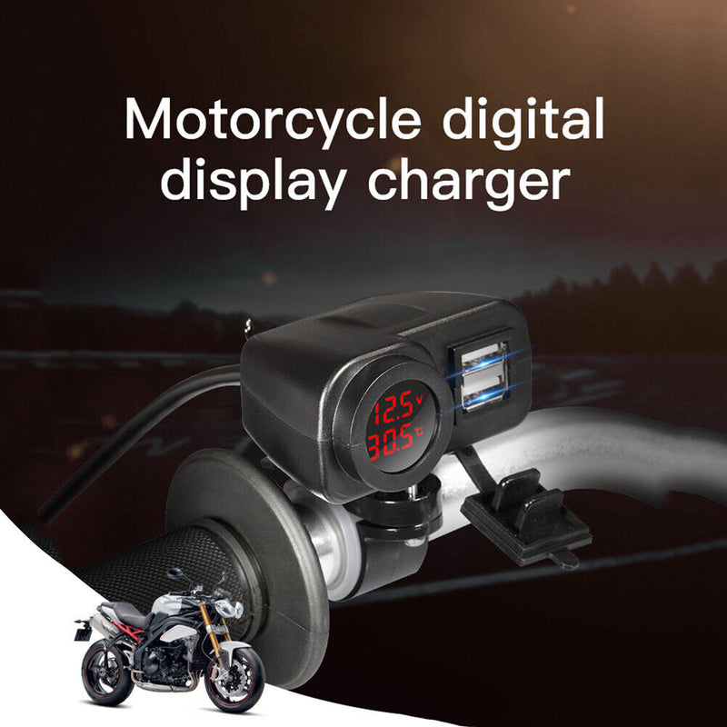 Motorcycle Handleable 2.4A Dual USB Charger with Digital Voltmeter Thermometer