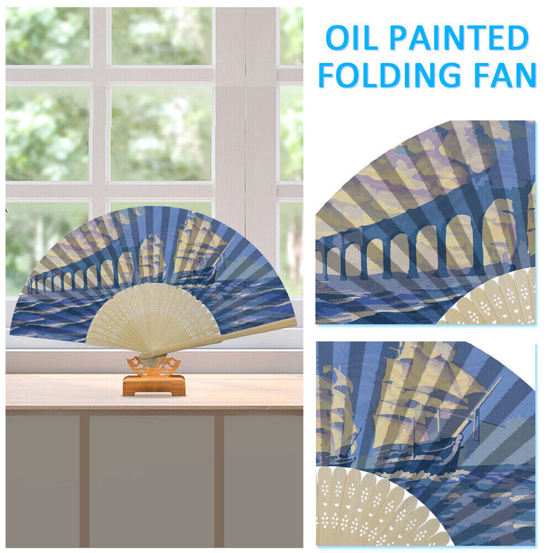 Oil Paint Folding Fan By Numbers DIY Sailboat Bridge Digital Oil Painting Fan