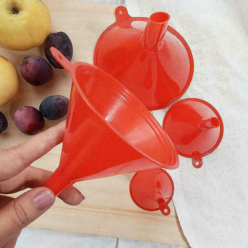 4PCS Plastic Red Different Size Funnel Set Kitchen Oil Garden Clean Fuel to D6I9