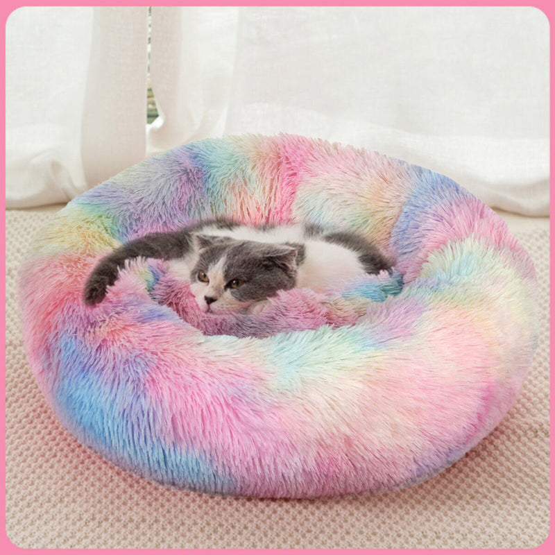 Calming Dog Bed - Round Faux Fur Donut Cuddler for Dog & Cat (Rainbow) Newly