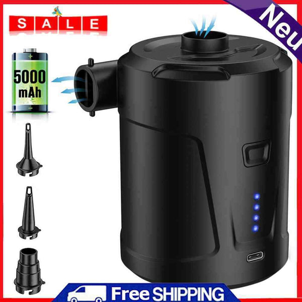 Electric Air Pump 5000mAh Built-in Battery Quick-Fill with 3 Nozzles Black