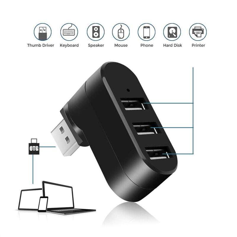 USB3.0 Hub Adapter Rotate High Speed U Disk Reader Splitter 3-Port (Black)