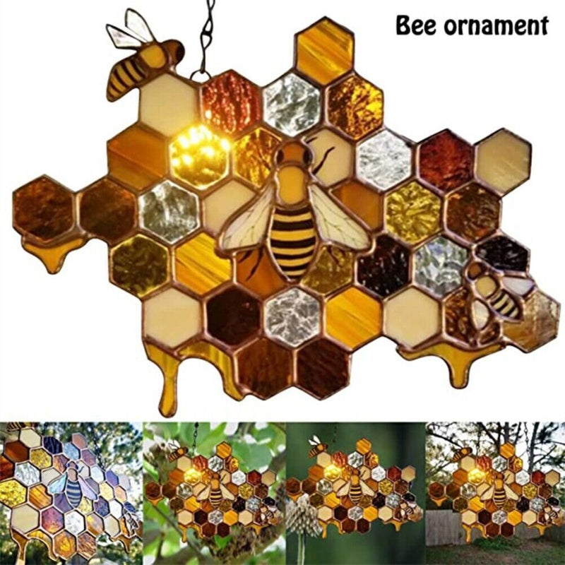 Stained Glass Bee Honeycomb Hanging Suncatcher Ornaments Window Garden Decor