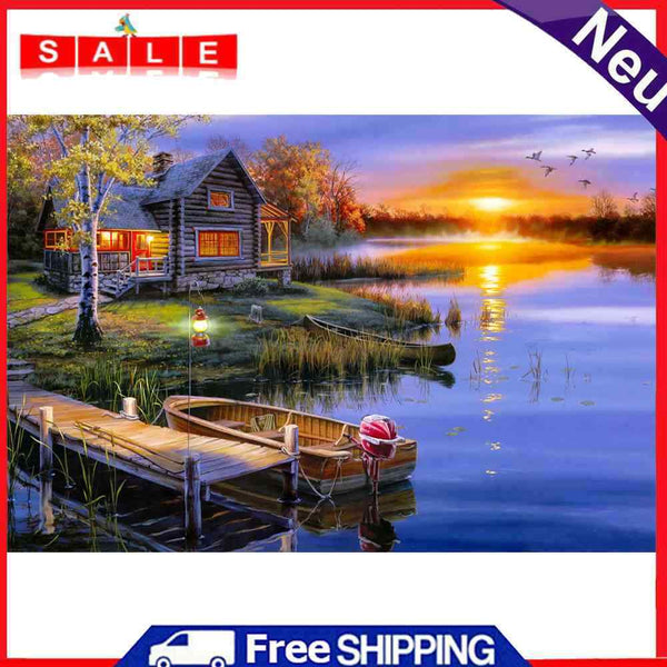 Full Cross Stitch 11CT Cotton Thread DIY Dusk Cabin Handmade Stamped Needlework