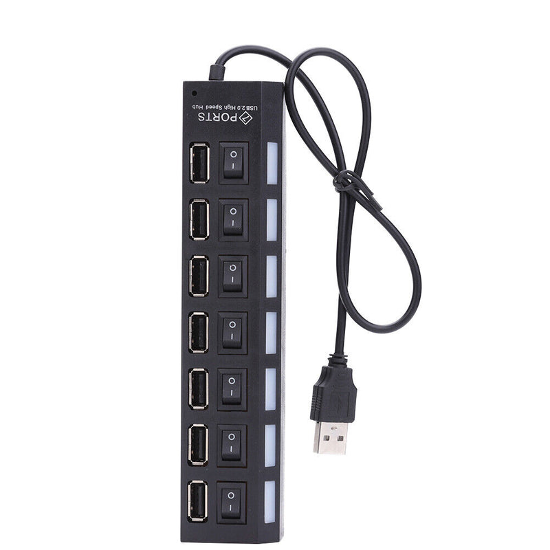 7 Ports High Speed USB 2.0 Hub Splitter w/ON/OFF Switch for Laptop (Black)