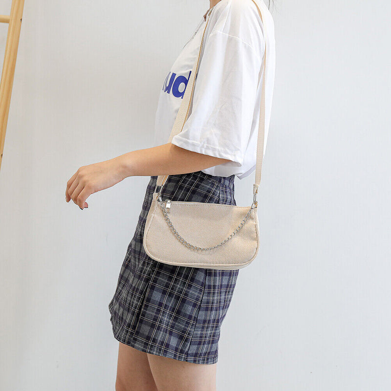 Fashion Corduroy Crossbody Bag Women Solid Chain Shoulder Handbags (Khaki)