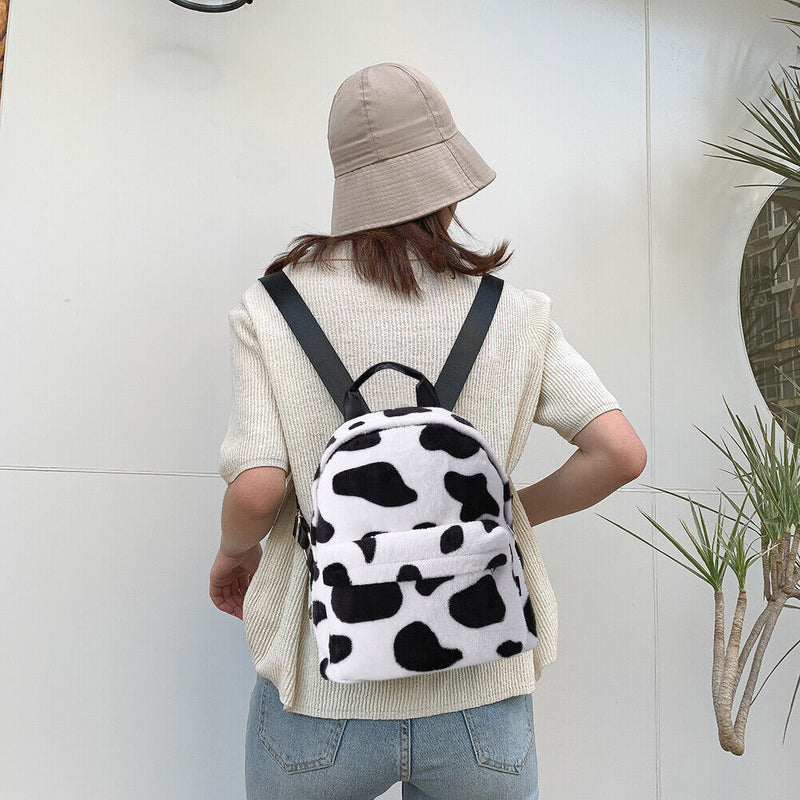 Fashion Winter Fluffy Women Soft Plush Printed Cow Backpack Girls School Bags