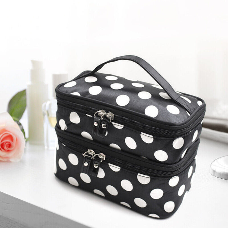 Double Layer Cosmetic Bag Travel Makeup Storage Case (Black+White Dot) Newly