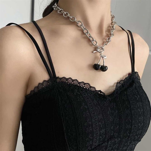 Diablo Punk Stainless Steel Cherry Pendant Clavicle Chain Hip Hop Necklace
