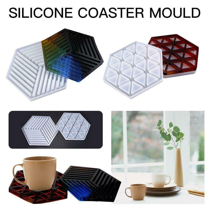 DIY Art Coaster Hexagon Stripe Crystal Mold Tray Mould Table Mat Coasters