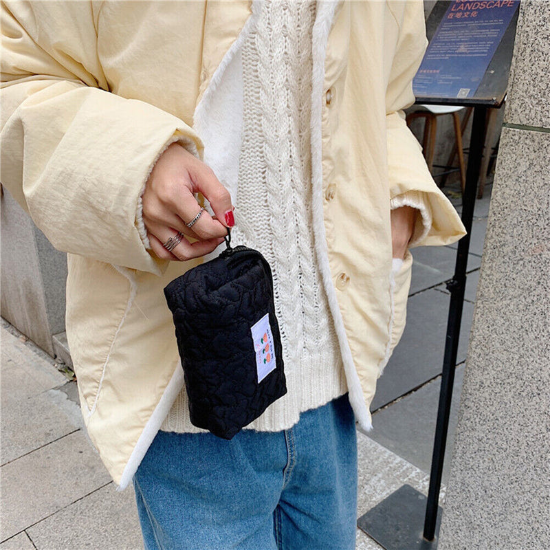 Women Heart Flower Pen Bag Small Zipper Cosmetic Bag (Black Little Heart) Newly