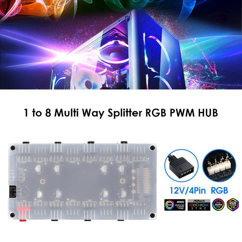 1 To 8 Multi Way RGB PWM HUB 12V/4 Pin for Fan Motherboard (SATA+Shell)