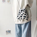 Women Plush Crossbody Bag Cow Print Casual Shoulder Drawstring Mini Handbags