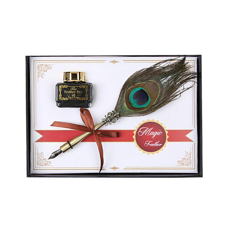 Retro Calligraphy Peafowl Quill Feather Dip Pen Writing Ink Set (Multicolor