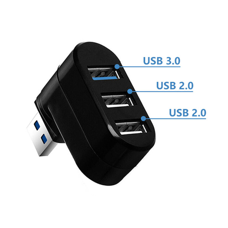 Mini Rotatable 3 Port USB Hub U Disk Reader Splitter for PC (USB 3.0 Black)