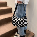 Women Retro Checker Print Shoulder Bag Autumn Winter Casual Plush Small Handbags