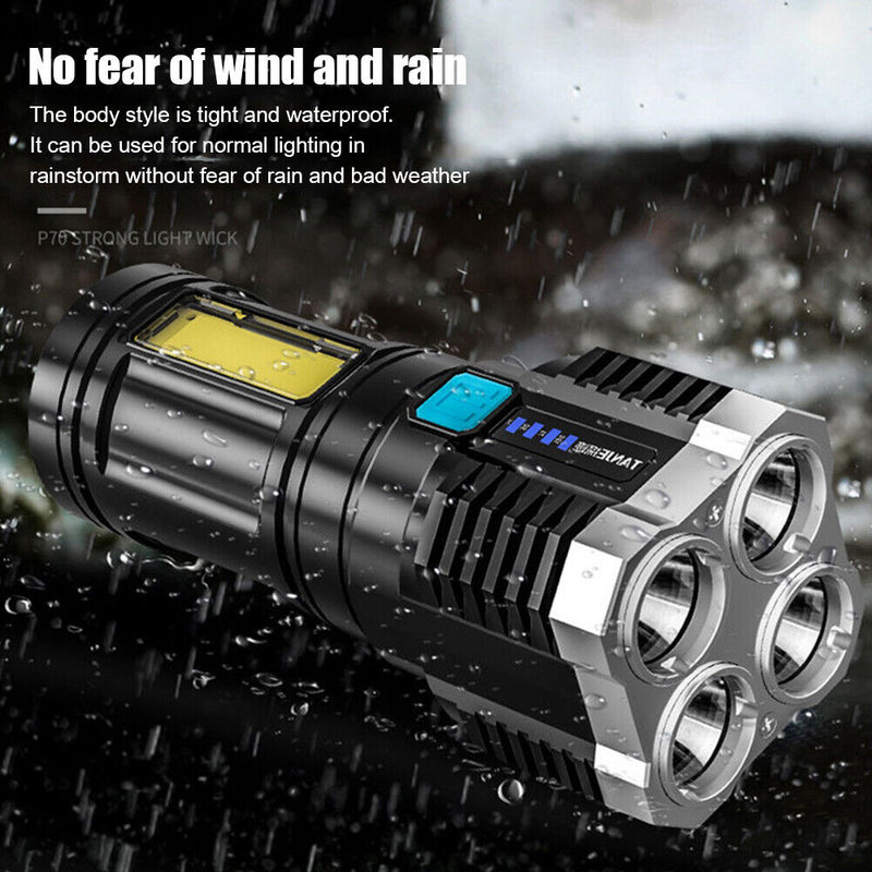 4 LED+COB Beads Flashlight for Outdoor Hiking Camping Rechargeable USB Portable