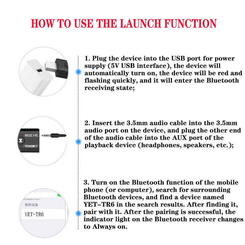Bluetooth 5.0 2in1 Transmitter Receiver Car Wireless Audio Adapter USB 3.5mm Aux