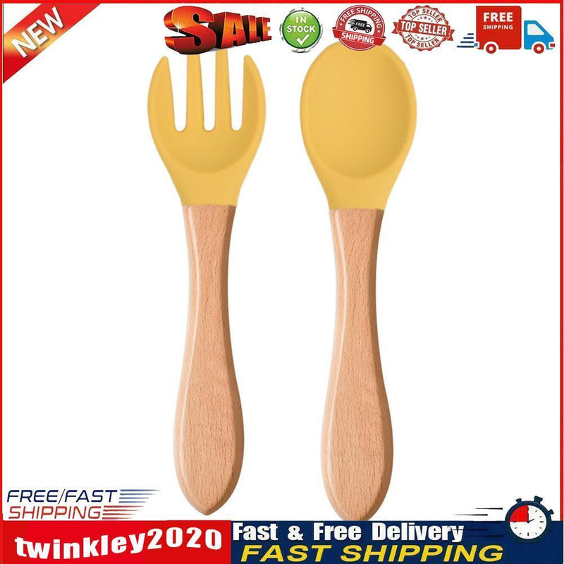 Baby Wooden Silicone Feeding Spoon Toddlers BPA-free Tableware (28) Newly