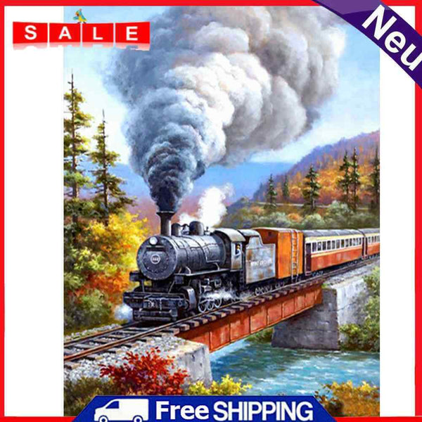 5D DIY Full Drill Round Shape Train Scene Rhinestone Diamond Drawing Home Decor