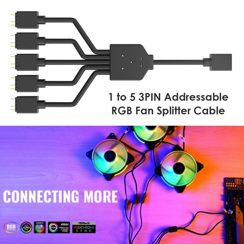 1 to 5 3PIN Addressable RGB Fan Splitter Cable Cord for Chassis PC Case CPU