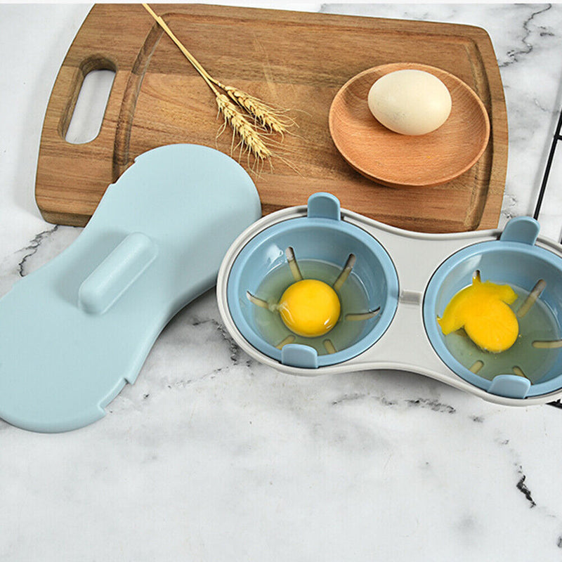 Microwave Egg Poacher 2 Cavity Boiled Egg Box Kitchen Cooking Gadget (Blue)