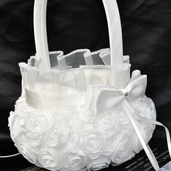 Wedding Ceremony Party Love Case Satin Bowknot & Rose Flower Girl Basket