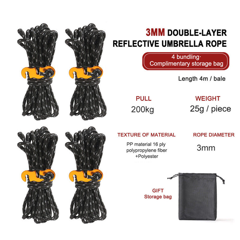 4x Tent Paracord Cord Outdoor Camping Windproof Wind Rope Buckle (Black)