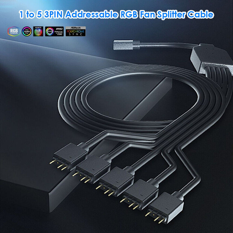 1 to 5 3PIN Addressable RGB Fan Splitter Cable Cord for Chassis PC Case CPU