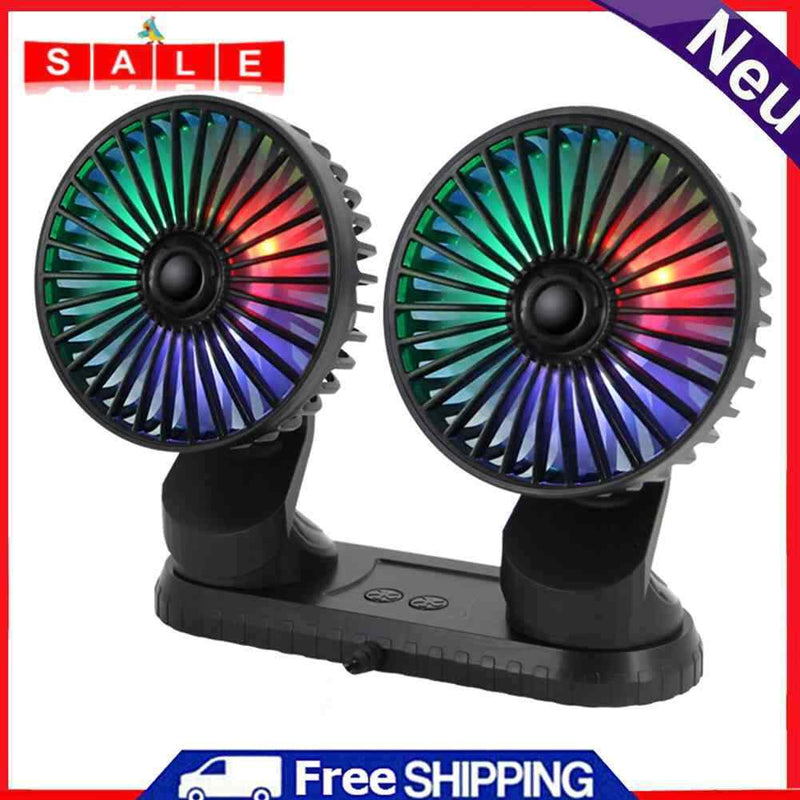 F404D Car Fan USB Dual Head Dashboard Fan with LED Lights for 12V 24V Truck SUV