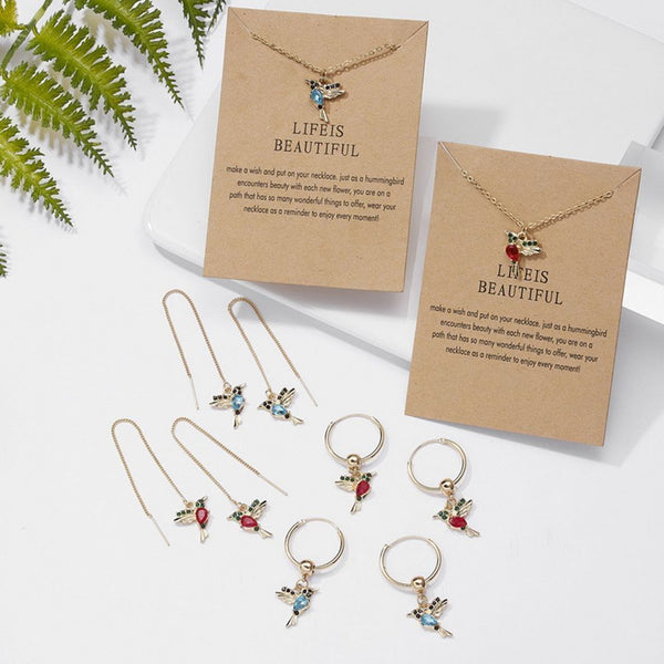 Design Hummingbird Drop Earrings Pendant Necklace Crystal Birds Long Tassel
