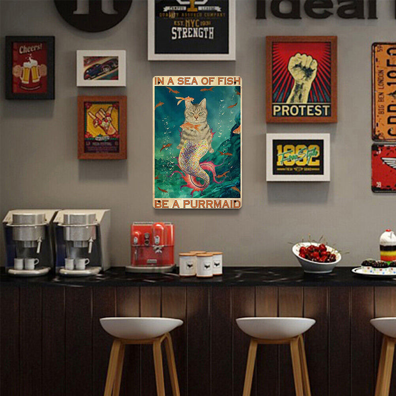Retro Mermaid Cat Metal Plate Painting for Bar Pub Tin Plaques Wall Sign