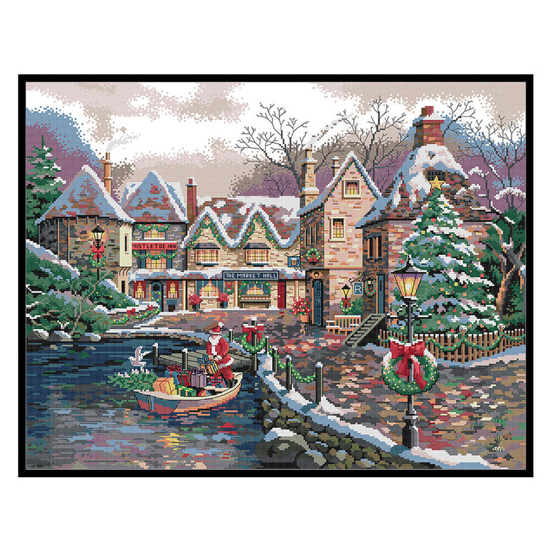 14CT Printed Partial Embroidery Christmas Town Needlework DIY Cross Stitch