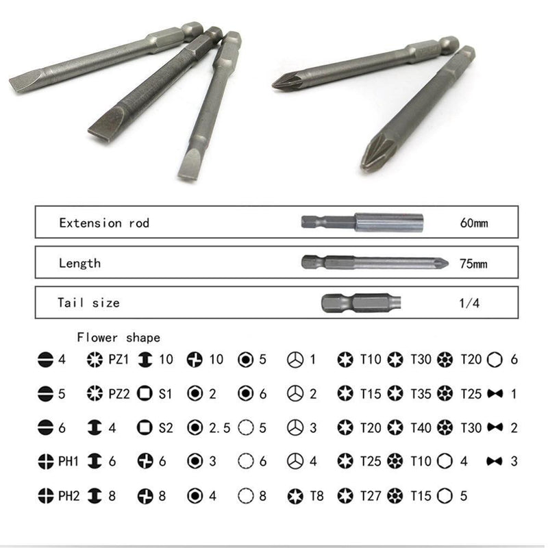 50pcs 75mm Security Screwdriver Bits Torx Hex Slotted Phillips (A)