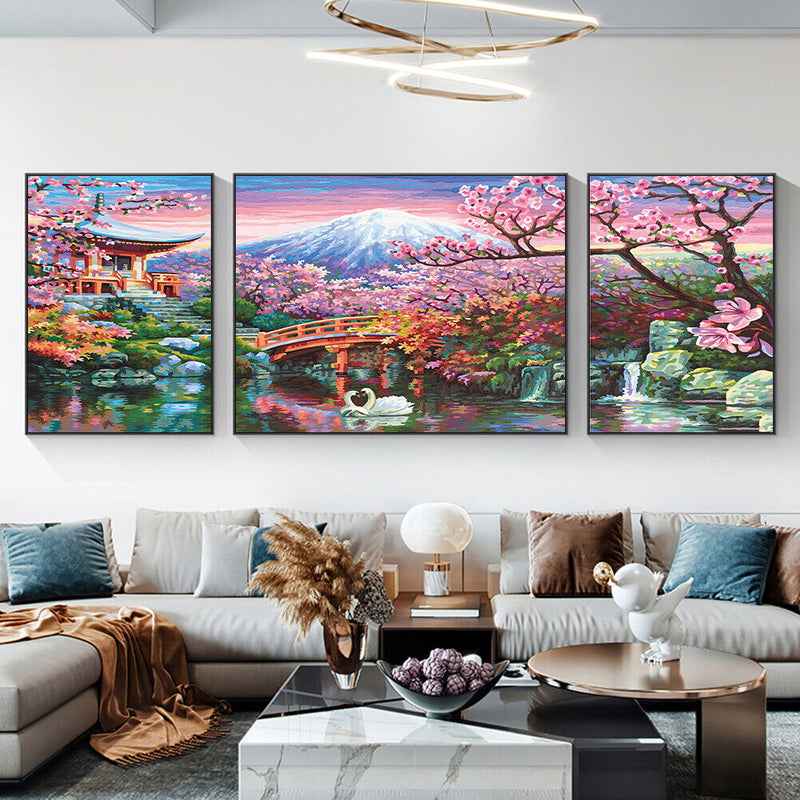 Frameless Painting By Numbers Courtyard DIY Drawing On Canvas Craft Triptych Kit