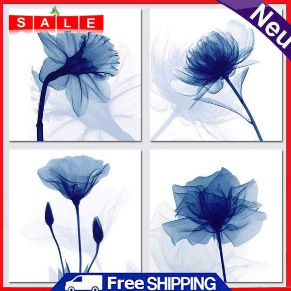 4 Blue Flowers Oil Paint By Numbers DIY Coloring Picture for Adults Child Panels