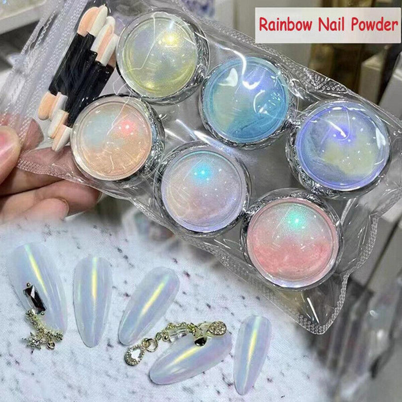 6 Colors Nail Powder Holographic Aurora Nail Glitter Rainbow Nail Pigment Dust~